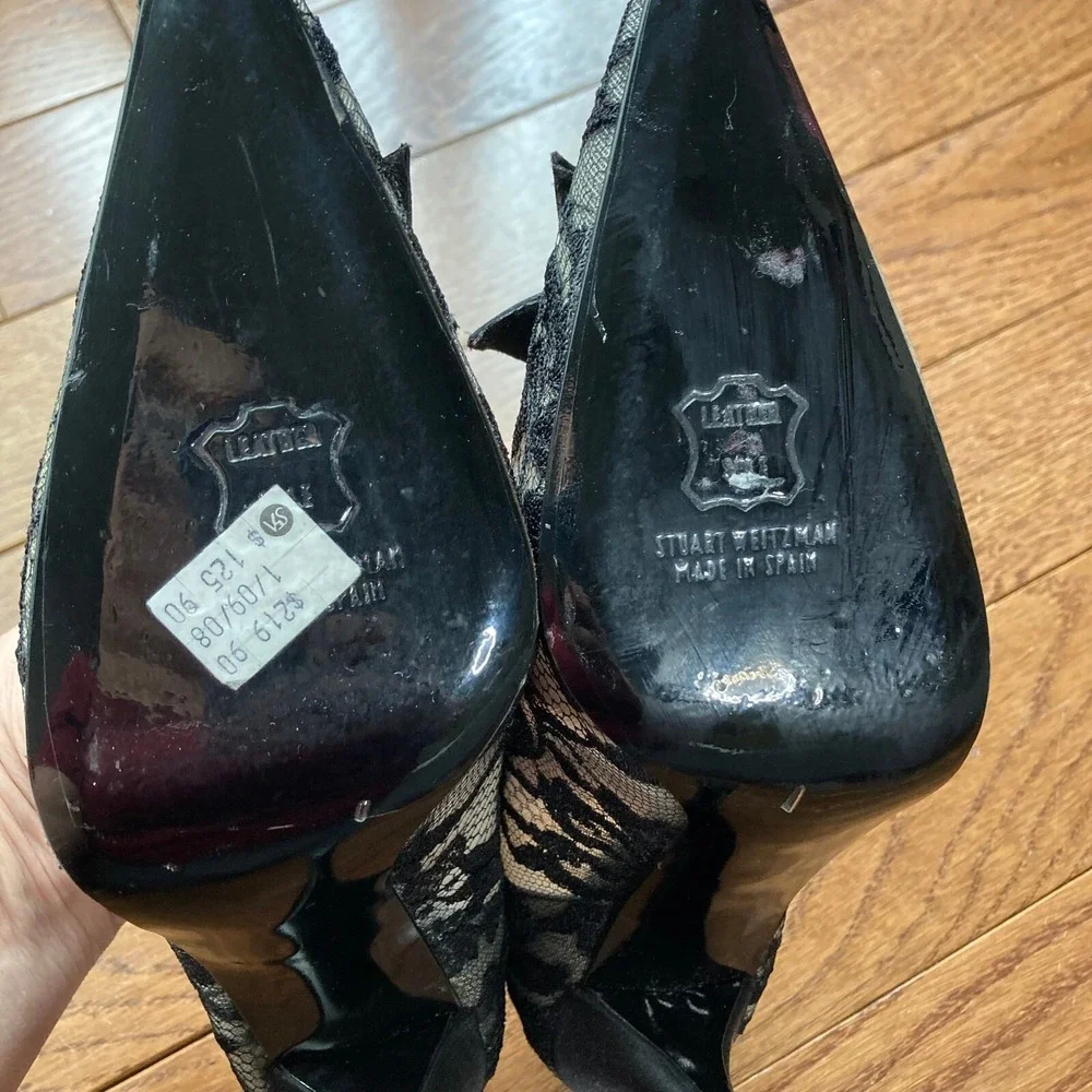 Stuart Weitzman Sheer Lace Whimsigoth Rosette Leather Heel Women 7.5 Black $390